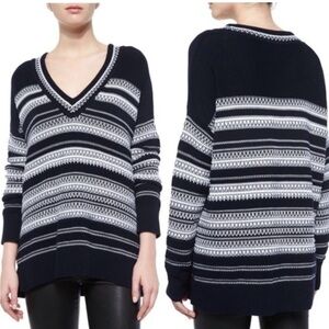 VINCE Textured Stitch V-Neck Sweater Black White Slouchy Oversized XL